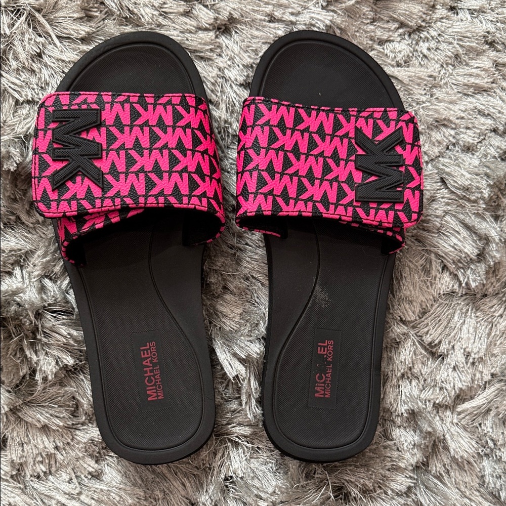 Michael Kors Black and Pink Logo Slide Sandals